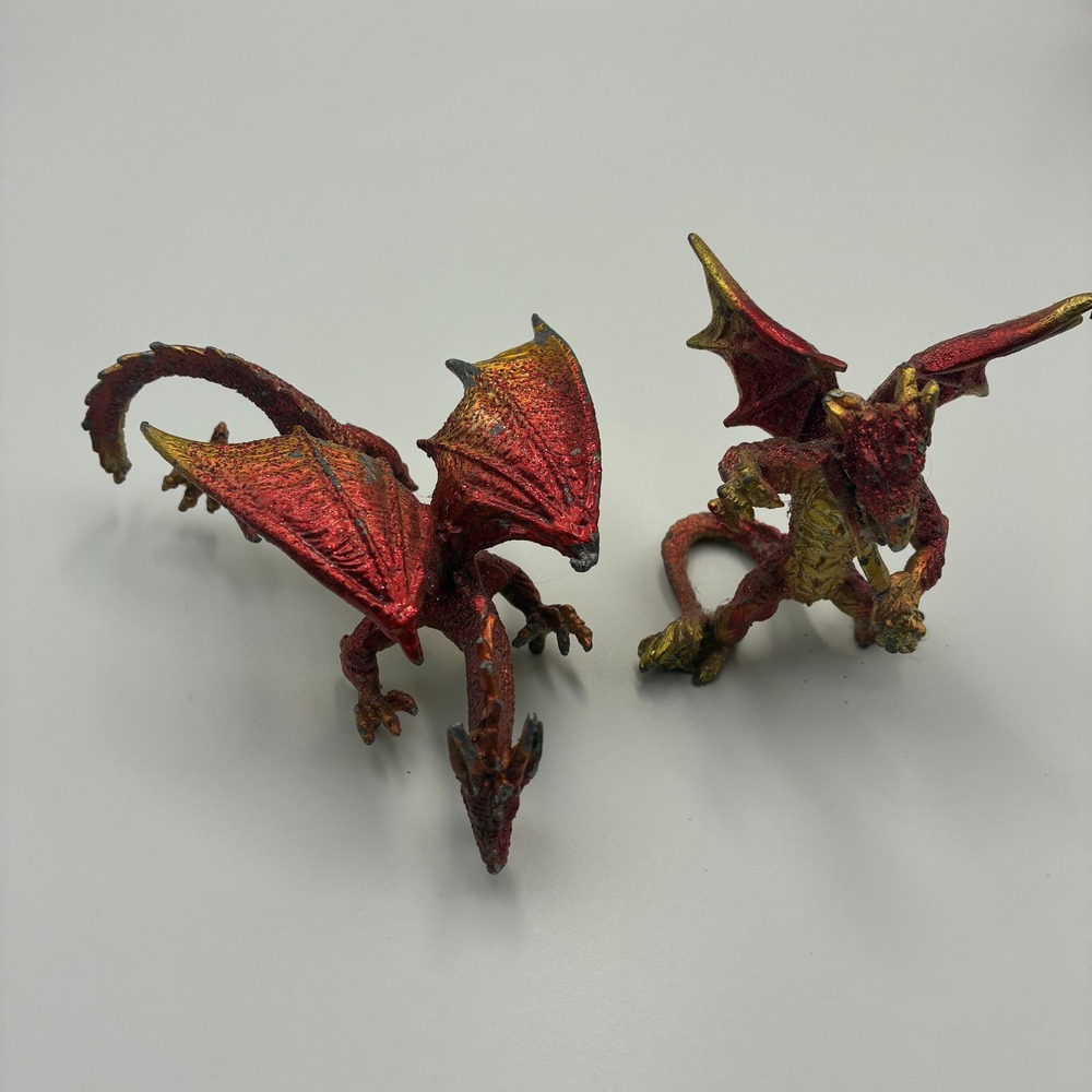 Vintage Red Gold Pewter Dragon Figurines Set of 2 Fantasy Mythical Statues